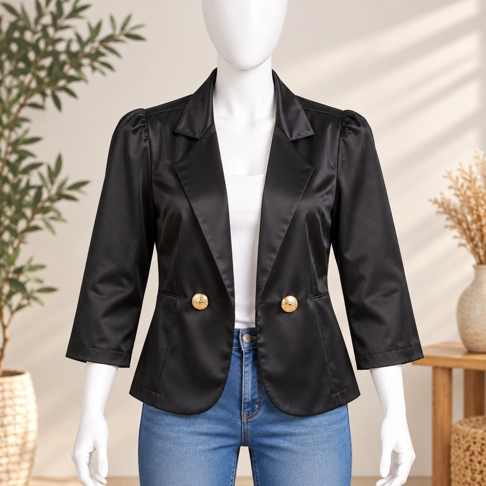 Satin Blazer Jacket Womens XL Black Gold Button 3/4 Sleeve Puff Shoulder